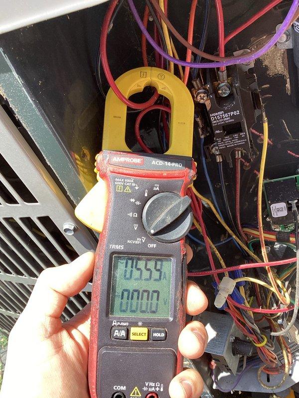 Responded to after-hours emergency call for AC not cooling. Upon arrival, performed electrical diagnostics on outdoor condensing unit. Tested compressor amperage draw using clamp meter, recording 145.5 amps. Identified failed run capacitor through capacitance testing with multimeter, which measured 49.36 µF on the Copeland-branded capacitor. Replaced defective capacitor, restored system to normal operation, and verified proper compressor amperage and cooling performance before departure.
