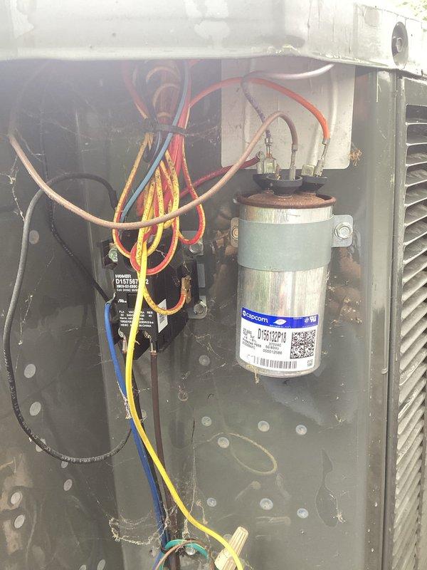 Responded to no-cooling call for upstairs HVAC unit that would not turn on. Upon arrival, verified power at thermostat and confirmed breaker was not tripped. Inspected condensing unit and identified failed contactor preventing compressor and condenser fan operation. Replaced defective contactor, verified all electrical connections secure, and tested system operation. Unit restored to normal cooling operation with proper compressor and fan function confirmed.
