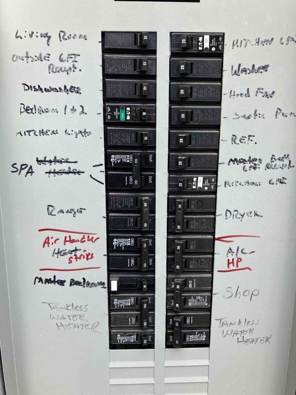 Responded to a return visit following reports of a bedroom/bathroom circuit breaker tripping twice after initial installation. Performed comprehensive electrical panel upgrade and circuit corrections including installation of properly sized UL-listed breakers in main panel, removal of abandoned hot tub wiring, and installation of two bedroom switches. Added GFCI protection to kitchen countertop outlets and master bathroom circuits per code requirements. Installed switch plates and fire-rated outlet rings for television location and attic access point. Corrected water heater panel entry with proper strain relief connector. Updated and verified circuit panel labeling for all affected circuits including range, air handler with heat strips, tankless water heater, kitchen circuits, master bedroom, and bathroom GFCI protection. All circuits tested and operating correctly upon completion with no further tripping issues observed.