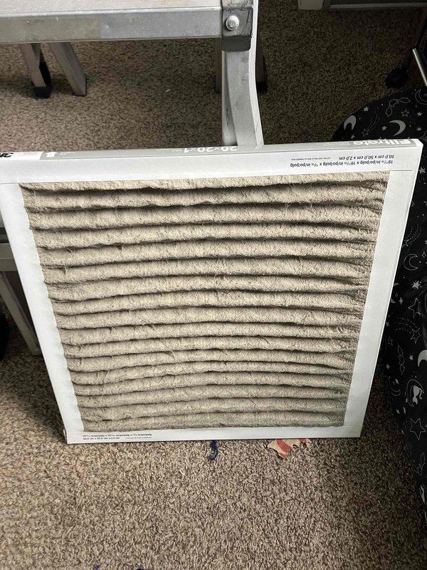 Responded to possible recall for HVAC system failing to maintain setpoint temperature, rising from 67°F setpoint to 74°F. Upon inspection, found heavily soiled air filter restricting airflow, which was contributing to reduced system performance and inability to reach desired temperature. Reviewed blower performance specifications and airflow data to verify proper system operation parameters. Replaced dirty filter to restore proper airflow and system cooling capacity.