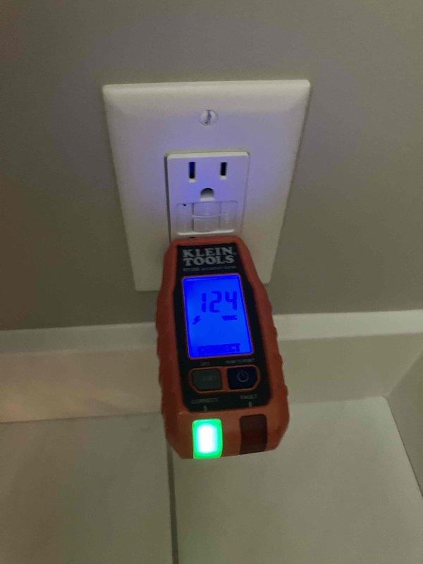 Installed new GFCI outlet in master bathroom to provide dedicated power for bidet installation. Ran new circuit from main electrical panel, terminated connections, and verified proper operation with voltage testing equipment reading 124V. All work completed to code with ground fault protection in place for wet location safety requirements.
