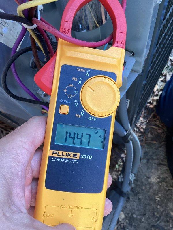 Completed comprehensive heating and air maintenance on 2022 Goodman system including 80-point inspection on both indoor and outdoor units. Performed outdoor coil cleaning, burner cleaning, and adjusted gas pressures to manufacturer specifications. Measured system amperage at 14.47 amps using clamp meter to verify proper electrical draw. Conducted complete safety inspections on all components and confirmed system operating within normal parameters.