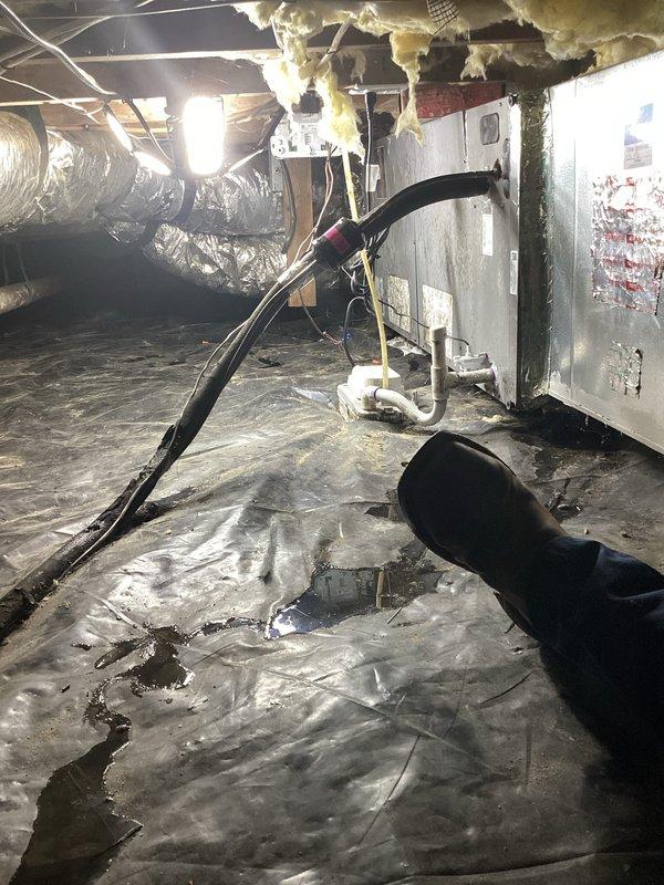 Responded to service call for thermostat displaying no signal error and water leakage from HVAC unit in crawlspace. Upon inspection, found condensate drain line issue with PVC piping showing signs of clogging or improper drainage, resulting in water discharge onto crawlspace floor. Assessed air handler unit and associated ductwork, noting deteriorated insulation in crawlspace that may require future attention but was not directly related to immediate water issue.