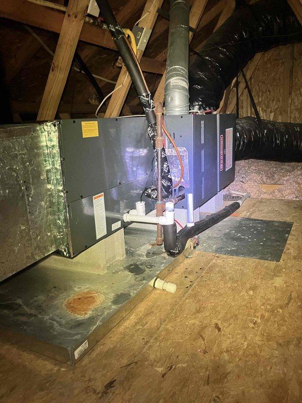 Replaced evaporator coil in attic-mounted air handling unit under Peace of Mind agreement. Removed existing coil with deteriorated insulation on refrigerant lines, installed new coil assembly, and reconnected all refrigerant lines with proper insulation. Verified system temperatures and pressures were within manufacturer specifications upon completion, ensuring proper cooling operation for the customer who elected to maintain their service agreement coverage.