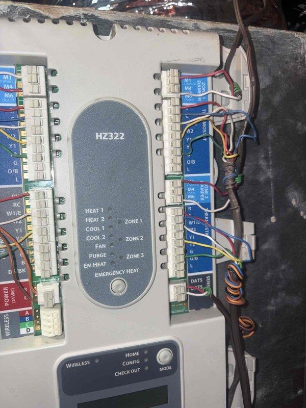 Responded to no airflow complaint on 32-year-old system. Upon inspection, found HZ322 zone control panel in attic with multiple zone wiring connections intact and control board displaying proper indicator lights. Verified zone control board functionality, checked all wire terminations at terminal strips, and confirmed proper communication between thermostat and zone controller. System restored to normal operation with all zones responding appropriately.