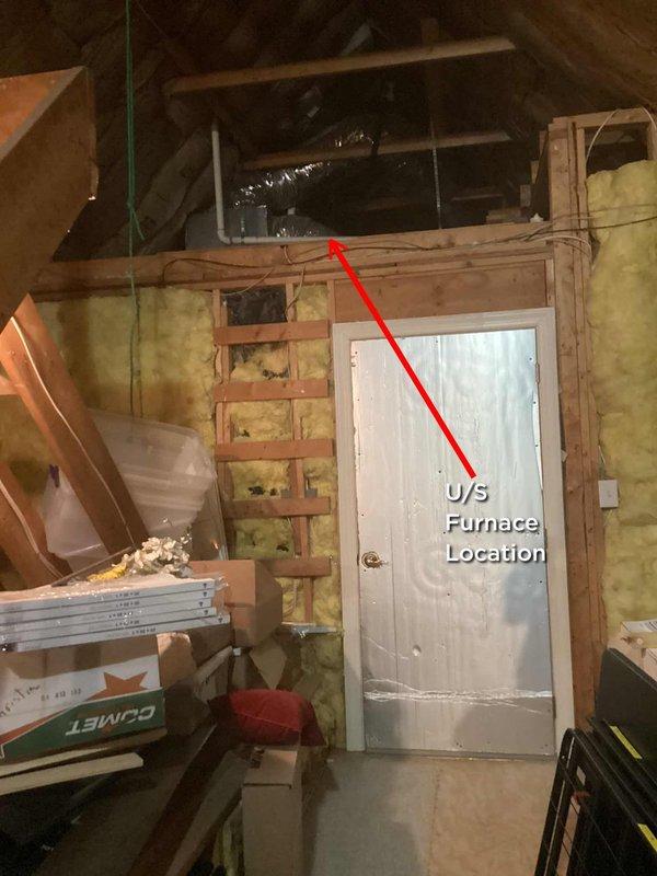 Responded to no-cooling complaint for upstairs central air conditioning system. Located upstairs furnace/air handler in unfinished attic space and performed diagnostic testing. Measured supply air static pressure using calibrated digital manometer, recording 0.5 mbar reading to assess system airflow and blower operation. Identified and documented equipment location for future service reference, noting upstairs unit serves second floor cooling zone.