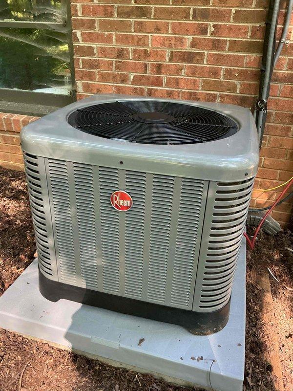 Completed full system replacement installing a 2-ton Rheem Endeavor Classic Series heat pump (model RP14AY24AJ2NA, 14.3 SEER2, R-454B refrigerant) with matching RH2TY2417STANNJ multipoise air handler featuring 2-stage operation and constant torque motor. Installed new outdoor condenser pad against brick exterior, secured refrigerant lines to structure, and integrated 5kW Tutco heat kit with breaker for supplemental heating. Upgraded to Honeywell TH2320WF4010/U FocusPro smart thermostat with 3H/2C capability, installed float switches for condensate overflow protection, and completed full system startup with refrigerant charge verification totaling 124 oz. Removed and properly disposed of existing equipment, maintained clean work area throughout installation, and enrolled system in preventative maintenance plan with 10-year extended labor warranty coverage.
