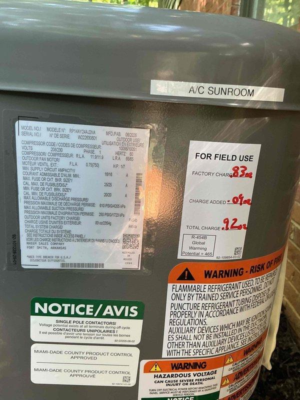 Completed full system replacement installing a 2-ton Rheem Endeavor Classic Series heat pump (model RP14AY24AJ2NA, 14.3 SEER2, R-454B refrigerant) with matching RH2TY2417STANNJ multipoise air handler featuring 2-stage operation and constant torque motor. Installed new outdoor condenser pad against brick exterior, secured refrigerant lines to structure, and integrated 5kW Tutco heat kit with breaker for supplemental heating. Upgraded to Honeywell TH2320WF4010/U FocusPro smart thermostat with 3H/2C capability, installed float switches for condensate overflow protection, and completed full system startup with refrigerant charge verification totaling 124 oz. Removed and properly disposed of existing equipment, maintained clean work area throughout installation, and enrolled system in preventative maintenance plan with 10-year extended labor warranty coverage.