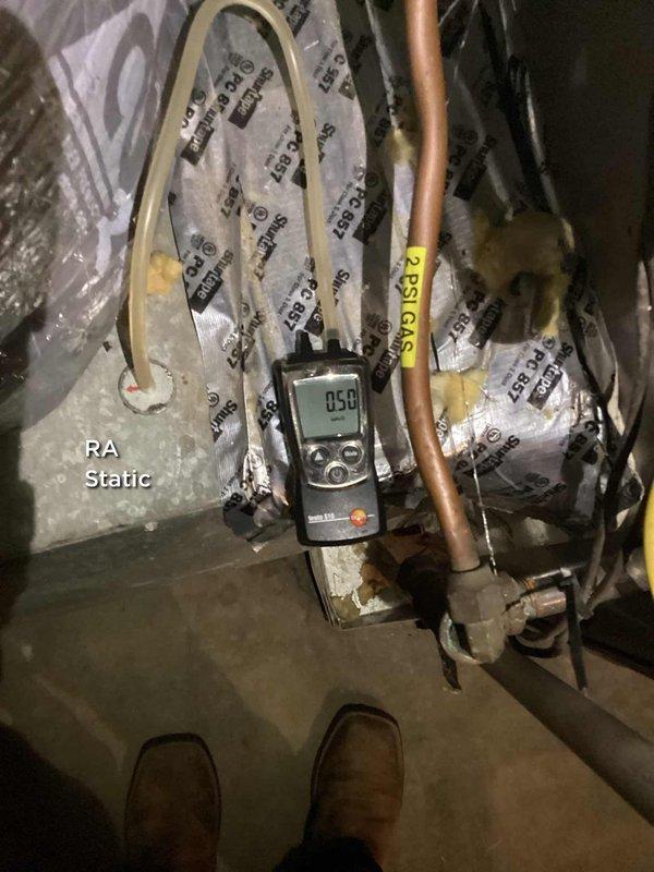 Conducted follow-up visit to attic HVAC system to assess conditions prior to full diagnostic service. Documented current system configuration including ductwork, condensate drain lines, and return air static pressure readings, which measured 0.50 inches of water column. Technician will return for comprehensive diagnostic once system is in normal operating condition and home warranty authorization is obtained.