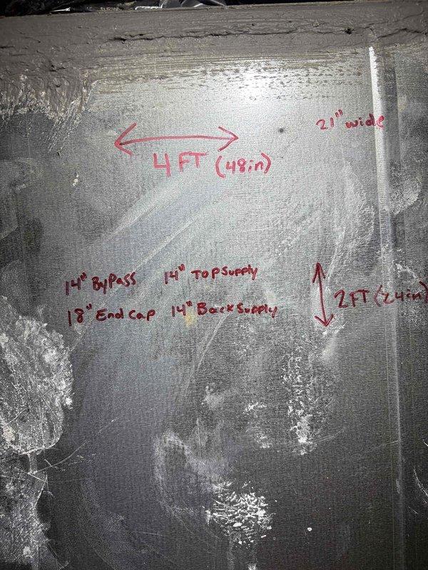Responded to service call for attic furnace leak assessment prior to property sale. Inspected HVAC system installed in 2018 and documented existing ductwork configuration including return box dimensions, bypass connections, and supply plenum measurements. Photographed and marked critical duct components showing 24x24 return box, 9-inch return, 1-inch bypass line, top supply connection, and back supply routing. Provided homeowner with explanation of leak source and recommended repair options to address issue before property listing.
