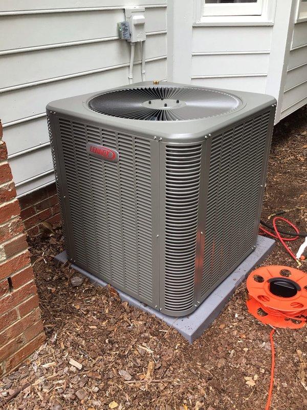 Completed full HVAC system replacement including removal of existing equipment and installation of new Lennox Merit 3.5-ton air conditioning condenser (ML14KC1-042), CK40 evaporator coil, and 90,000 BTU Merit furnace (ML180UH090E48BK). Installed new outdoor condenser pad with proper placement on mulched area adjacent to structure, ran electrical conduit and connected to dedicated 35-amp double-pole breaker in main panel marked "AC". Added Intermatic AG3000 surge protector (120/240 VAC Type 4x enclosure) for equipment protection, installed emergency drain pan with float switches for overflow protection, and completed system startup with operational verification. All excess materials and job debris removed from premises, work area maintained clean throughout installation, and old equipment properly removed for recycling.