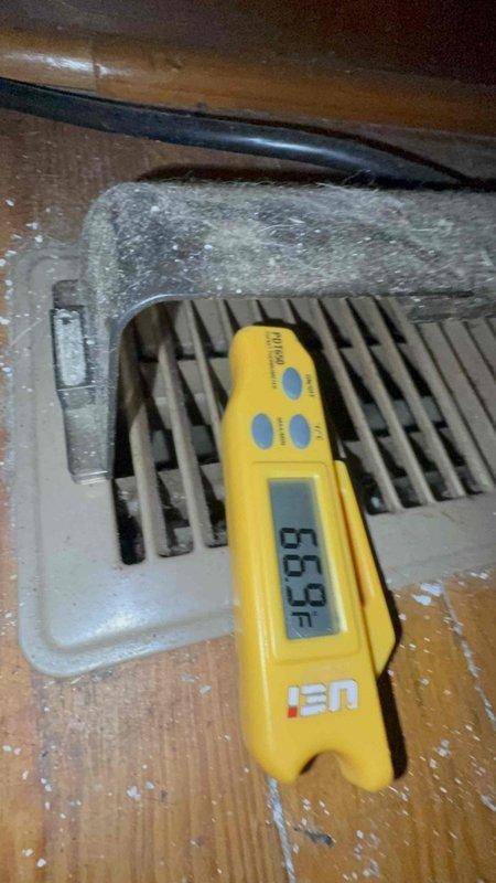 Responded to no cooling complaint on 2017 system experiencing inadequate cooling during peak afternoon heat loads. Performed comprehensive system evaluation including refrigerant pressure analysis and supply air temperature verification. Measured supply air temperature at 65.9°F at register and documented system operating pressures showing suction pressure of 94 PSI, discharge pressure of 414 PSI, subcooling of 25.09°F, and superheat of 44°F, indicating potential refrigerant charge deficiency or airflow restriction requiring further diagnosis.