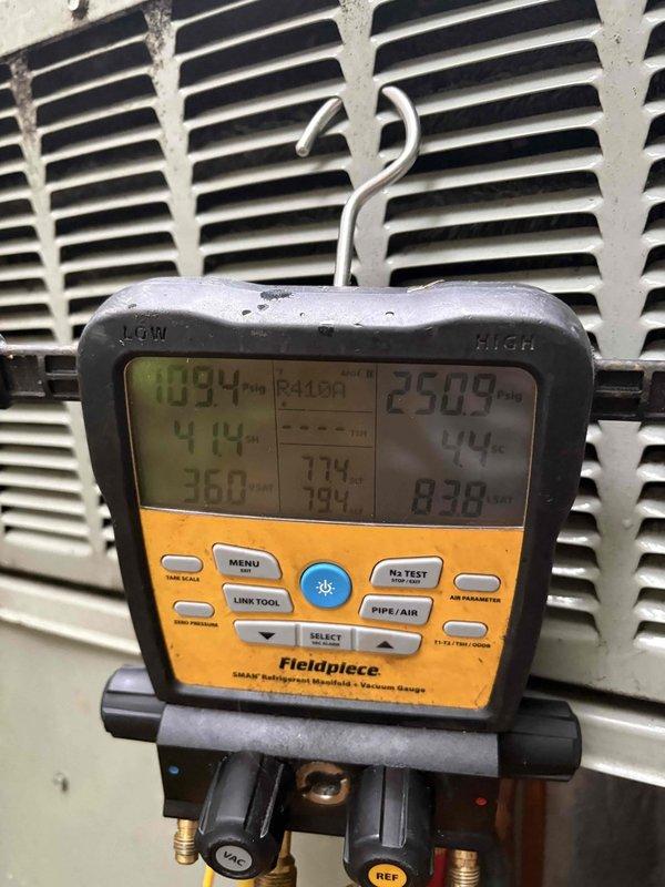 Responded to no cooling complaint on 2017 system experiencing inadequate cooling during peak afternoon heat loads. Performed comprehensive system evaluation including refrigerant pressure analysis and supply air temperature verification. Measured supply air temperature at 65.9°F at register and documented system operating pressures showing suction pressure of 94 PSI, discharge pressure of 414 PSI, subcooling of 25.09°F, and superheat of 44°F, indicating potential refrigerant charge deficiency or airflow restriction requiring further diagnosis.