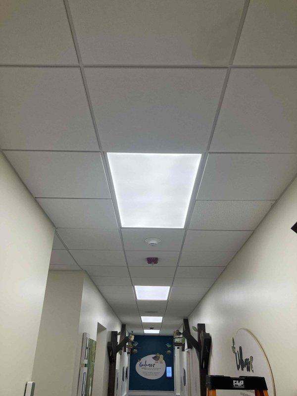 Responded to commercial facility for non-operational hallway lighting at approximately 10-foot ceiling height. Assessed recessed fluorescent light panels in drop ceiling grid system throughout interior corridor. Replaced failed lamps and verified proper illumination restored to all fixtures in affected hallway area.