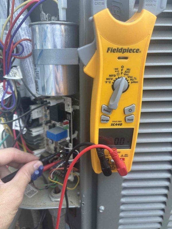Responded to no-cool call on 2024 system where outdoor unit was not operating properly. Upon arrival, performed diagnostic testing using electrical meter to check capacitor and contactor operation. Identified failed capacitor preventing compressor from starting, which explained why indoor blower was running but no cooling was occurring. Replaced defective capacitor, verified proper electrical connections, and tested system operation to confirm compressor and condenser fan motor were functioning correctly. System restored to full cooling operation and left running efficiently.