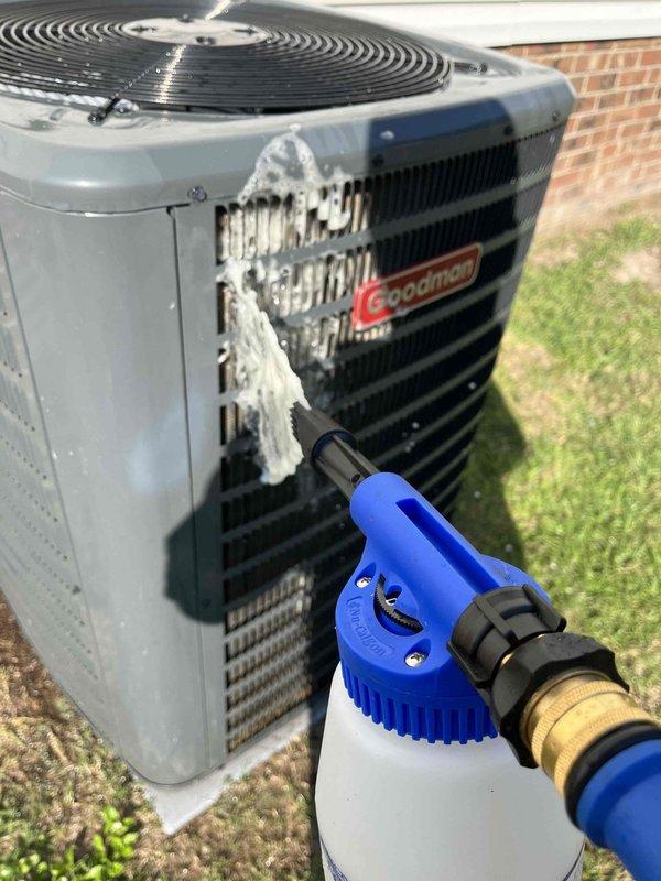 Completed comprehensive spring preventive maintenance on 2023 Goodman HVAC system including full 80-point inspection of heating and cooling components. Performed outdoor coil cleaning with foaming coil cleaner, burner assembly cleaning, and verified gas pressures within manufacturer specifications. Confirmed ecobee thermostat operation at 68°F cooling setpoint and conducted complete safety inspection with all systems operating properly.