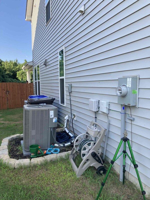 Conducted site assessment for prospective hot tub electrical installation at 2024 construction residential property. Evaluated existing electrical service panel capacity, meter location, and optimal routing path for future 240V dedicated circuit from main panel to proposed hot tub location. Documented current electrical infrastructure including service entrance equipment and available breaker space to provide accurate installation estimate for new hot tub wiring when unit is delivered and positioned.