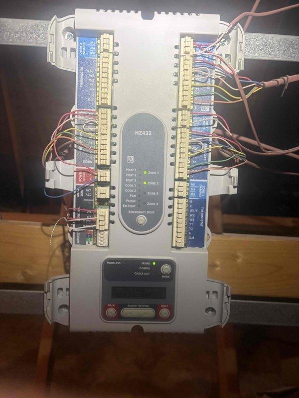 Responded to service call for thermostat malfunction where temperature settings could not be adjusted. Upon arrival, inspected HZ432 zoning control panel and verified proper power supply and wiring connections to all four zone terminals. Tested wireless thermostat communication system using the control panel's wireless checkout function and successfully re-established connection between thermostat and temperature sensors. Verified all zone indicators, heating stages, cooling stages, and fan controls were functioning properly, and confirmed customer could now adjust temperature settings as needed.