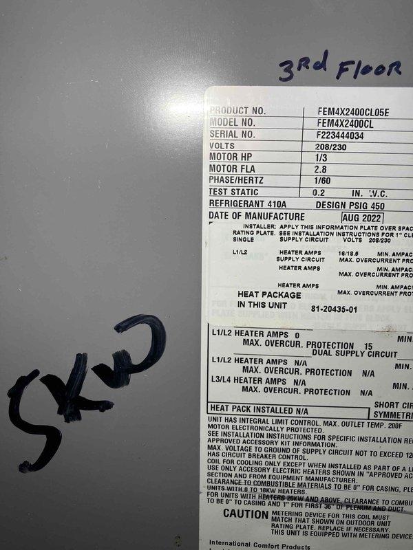 Completed comprehensive spring preventive maintenance on three HVAC systems covering 2017 installation, performing 80-point inspections on each unit including outdoor coil cleaning, burner cleaning, gas pressure adjustments, and safety checks. Inspected and documented third-floor air handler unit (Model FEM4X2400CL, Serial F223444034, manufactured August 2022) with 410A refrigerant system rated at 208/230V. Verified proper operation of condensate pump assembly with associated PVC drainage lines and electrical connections, ensuring all safety controls and drainage systems functioning correctly across all units.