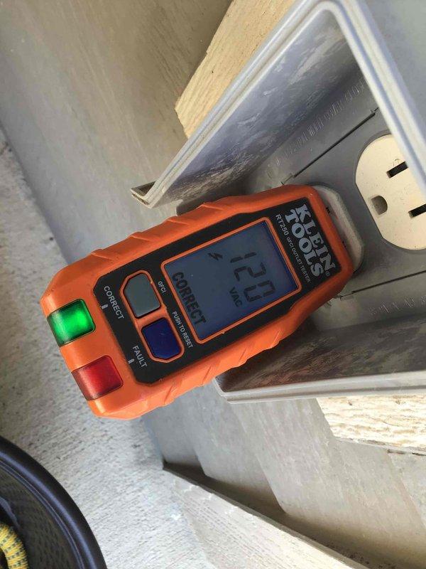 Responded to non-functional GFCI outlet in garage adjacent to electrical panel that was displaying indicator light malfunction following overnight storm activity that had tripped multiple breakers. Performed diagnostic testing using digital receptacle tester to verify circuit integrity and GFCI functionality. Inspected main electrical panel and confirmed all breakers were properly reset and functioning normally. Determined GFCI outlet had sustained internal component failure likely due to power surge during storm event. Reset and tested GFCI device, verified proper ground fault protection, and confirmed restoration of power to affected circuits.