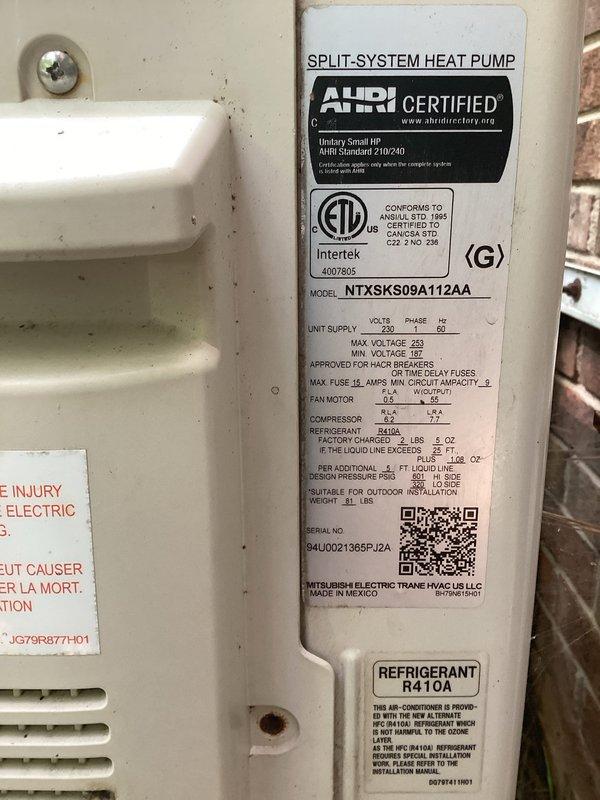 Replaced condenser fan motor under parts warranty on Mitsubishi Electric split-system heat pump unit (Model: NTXSKS08A112AA). Removed outdoor condenser access panel, disconnected failed motor, installed replacement motor, verified proper electrical connections, and tested system operation. Unit running within manufacturer specifications upon completion with proper airflow and cooling performance restored.