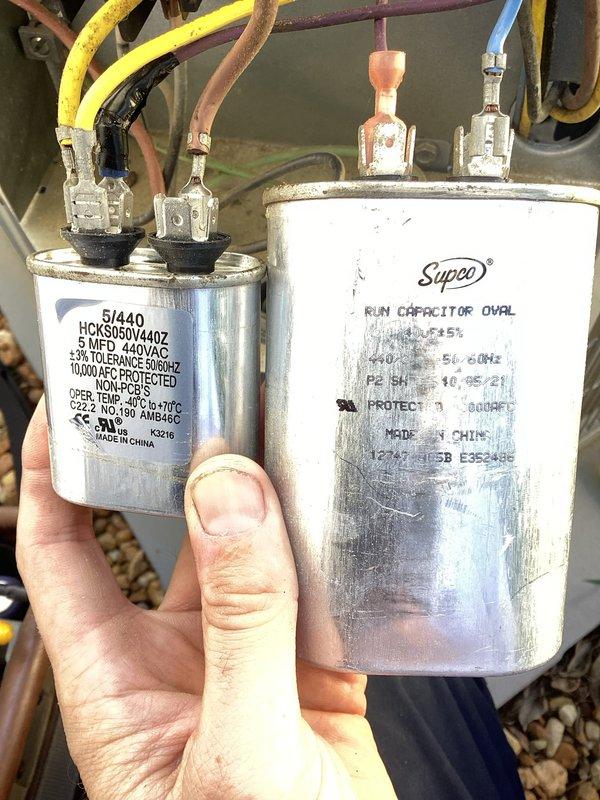 Responded to no cooling call where circuit breaker was repeatedly tripping when reset. Upon inspection, diagnosed failed run capacitor causing electrical short and immediate breaker trip. Replaced defective capacitor with new MARS 40+5 MFD 440VAC dual run capacitor, verified all electrical connections, and tested system operation. Unit now cooling properly with stable amperage draw and no breaker issues.
