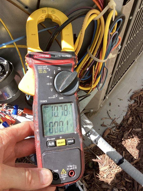 Responded to no cooling complaint on 11-year-old system that had been off since previous evening. Upon arrival, performed diagnostic testing of outdoor unit using clamp meter to measure electrical draw and system performance. Verified power supply, checked amperage readings at compressor, and inspected all electrical connections and components for proper operation.