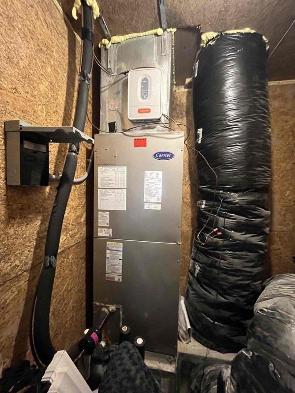 Completed comprehensive heating and air maintenance including 80-point inspection on Carrier air handler system located in attic space. Performed outdoor coil cleaning, burner cleaning, and adjusted gas pressures to manufacturer specifications. Verified proper operation of humidifier accessory and all ductwork connections. Conducted complete safety inspection of all system components. Measured and documented system pressures using digital manometer, confirming all readings within normal operating parameters. All equipment found operating safely and efficiently upon completion of maintenance service.