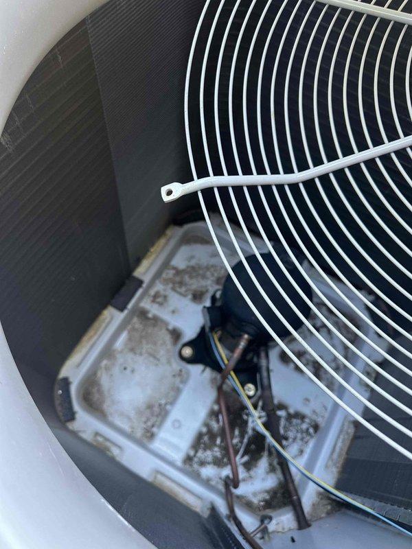 Completed annual HVAC preventive maintenance on 2021 Carrier outdoor condensing unit. Performed comprehensive inspection of condenser coil, fan motor, compressor, and electrical connections. Noted weathering and corrosion on internal electrical connection box and control panel components with visible mineral deposits and debris accumulation. Cleaned condenser coil, checked refrigerant pressures, verified proper fan operation, and tested all safety controls. Unit operating within manufacturer specifications upon completion of maintenance service.