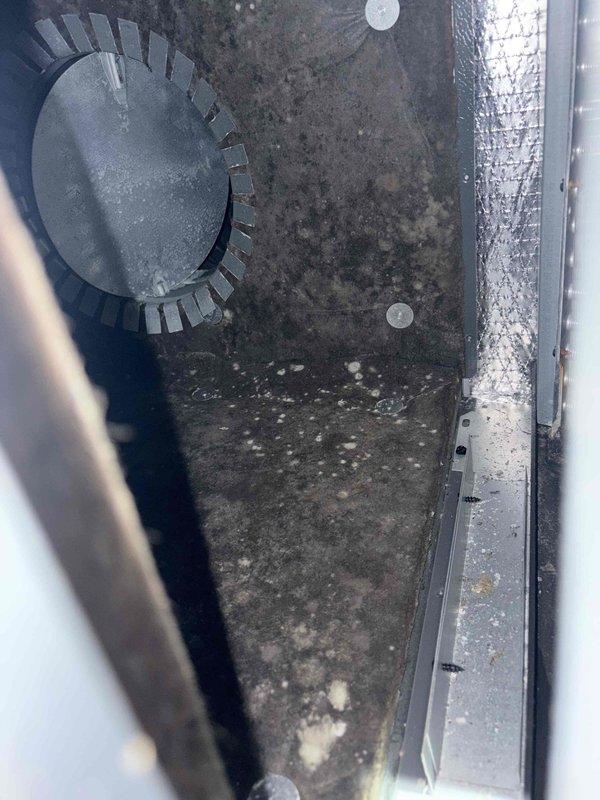 Responded to no cooling complaint on downstairs system installed in 2020. Upon arrival, homeowner reported unit was blowing warm air with no cold air output and had system turned off for several hours. Inspection revealed significant dust and debris accumulation in blower assembly and ductwork components, along with corroded electrical connections and oxidized bus bars in associated electrical panel showing signs of age and moisture exposure. Documented equipment condition with photos of compromised electrical components and heavily soiled HVAC interior requiring attention to restore proper system operation and ensure safe electrical connections.