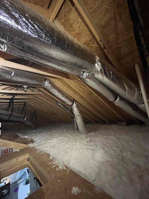 Completed comprehensive heating and air maintenance on 2023 system including 80-point inspection, outdoor coil cleaning, burner cleaning, gas pressure adjustment, and full safety inspection. Inspected attic-mounted HVAC ductwork and verified proper insulation installation around supply lines. Examined blower motor assembly, electrical connections, and control board components to ensure proper operation and safety compliance.