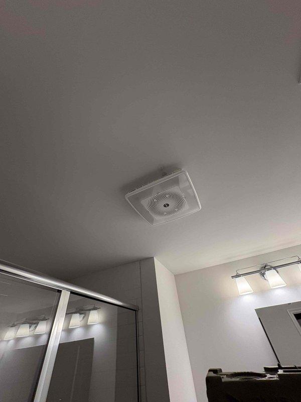 Installed two customer-supplied bathroom exhaust fans in residential bathrooms as requested. Both units were mounted to ceiling joists, wired to existing electrical circuits, and tested for proper operation and airflow upon completion.