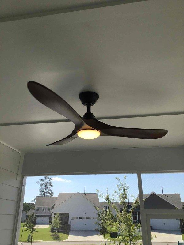 Successfully installed four ceiling fan fixtures in a newly constructed residential property with 9-foot ceiling heights. Three units were mounted in interior locations (living room and two bedrooms) and one unit was installed on an outdoor patio, all utilizing customer-supplied fixtures. All installations were completed with proper electrical connections, secure mounting to ceiling joists, integrated lighting functionality tested and operational, and fan blade balance verified for smooth operation.