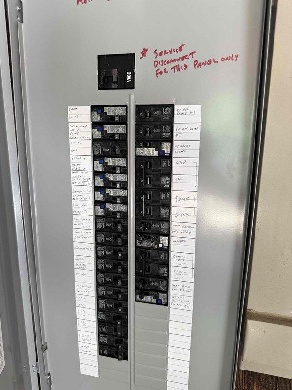 Completed annual 32-point electrical system evaluation including panel maintenance with proper torque verification of all connections and breaker testing. Performed GFCI/shock protection outlet and breaker testing, arc fault/fire protection breaker testing, and smoke/CO2 detector maintenance with battery replacement. Inspected shed power line that was severed during back deck installation and documented electrical panel configurations with circuit labeling verification.
