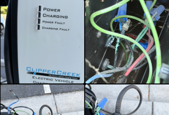 We addressed burnt conductors by removing the pedestal. We found copper and aluminum wires improperly spliced, causing overheating. We replaced the wire nut with proper termination blocks, remounted the pedestal, and ensured everything worked correctly.