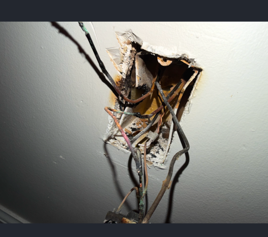 We installed a dedicated circuit for a single-point use, reset the solar inverter breaker, restored power, and replaced a burned receptacle in a room.