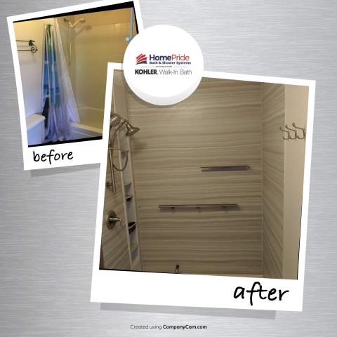 Colorado Springs, CO - Before & After photo of a previous tub shower combo to a Brand New Vein Cut Kohler Shower with shower locker, floating shelf, teak shelf!! Colorado Springs, CO - Before & After photo of a previous tub shower combo to a Brand New Vein Cut Kohler Shower with shower locker, floating shelf, teak shelf!!