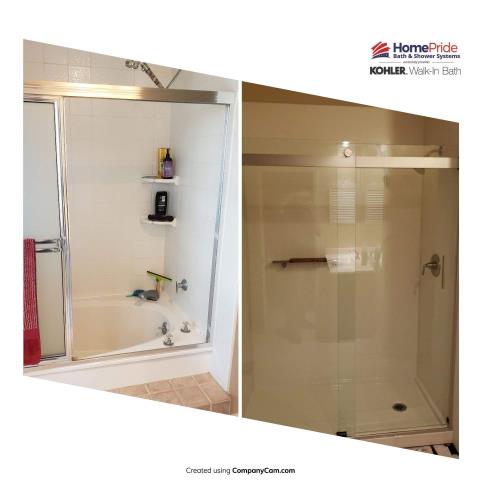 Colorado Springs, CO - Tub/shower conversion to a traditional Kohler Luxstone walk in shower with custom Onyx countertops and new vanities. Colorado Springs, CO - Tub/shower conversion to a traditional Kohler Luxstone walk in shower with custom Onyx countertops and new vanities.