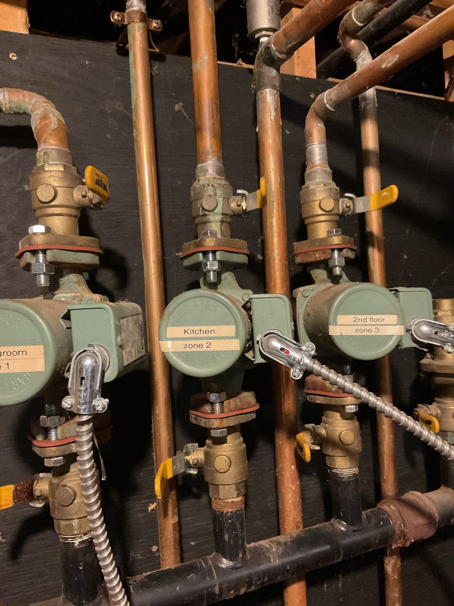 Upon inspection, we found the circulator gaskets leaking, the bolts rusted, and the boiler drain leaking. We replaced the gaskets and bolts on all three circulators and installed a new boiler drain to restore safe, reliable operation and prevent future leaks.

The existing thermal expansion tank and safety pressure relief valve were outdated and not functioning properly. Both were replaced to ensure safe, dependable operation of the heating system and to prevent potential water damage or overpressure issues. The new relief valve was positioned to stand vertically and piped to the floor in accordance with code requirements.

After completing all repairs, we purged the heating system, turned all ball valves back on, and ran all zones to verify proper operation. The system was thoroughly checked for leaks — none were present.