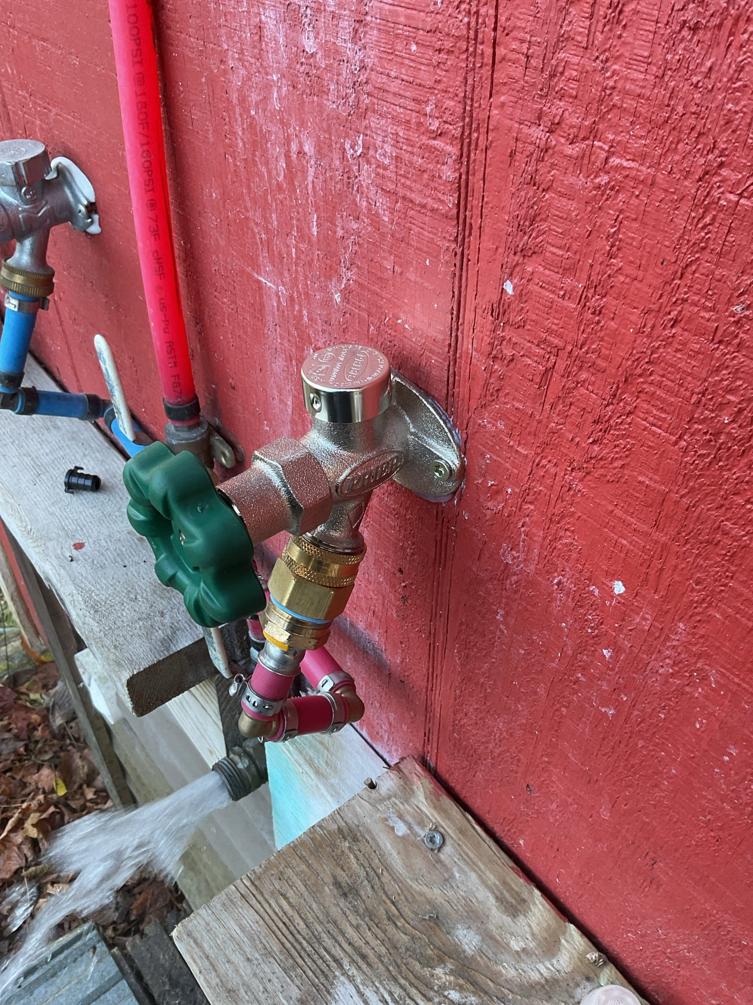 -Upon arrival I found two leaks by the sillcocks in the house. One at the gate valve shutoff in the bathroom cabinet and one n the frost free section of the hot side sillcock of the outdoor shower. Outdoor shower was also damaged and needed to be replumbed. 
 
-Stopped leak under the cabinet by tightening the packing nut. Replaced hot side sillcock and replumbed up to tee on outdoor shower. 

-Added two check valves on the hot and cold side feeds of the shower to prevent backflow between the hot and cold. 

-Need to return with adapter from the sillcock into the 1/2” pex. 



-On second visit tech installed adapter 

-Upon testing sillcock found that the vacuum breaker with faulty. Return visit with a new vacuum breaker or replacement sillcock may be necessary. 

-Vacuum breaker was replaced and tested. Vacuum breaker was working well with no leaks present at time of repair. 
