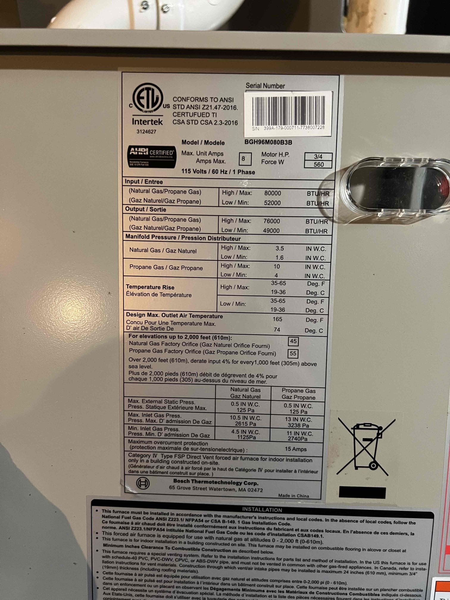 Performed annual tune-up on a Bosch propane furnace. Cleaned the burners, heat exchanger, igniter, flame sensor, neutralizer, condensate trap, and pump. Checked all safety controls, venting, fans, and overall furnace operation. Bubble-tested the gas line and checked carbon monoxide levels — no leaks detected. Verified operation; system is running properly at this time. 