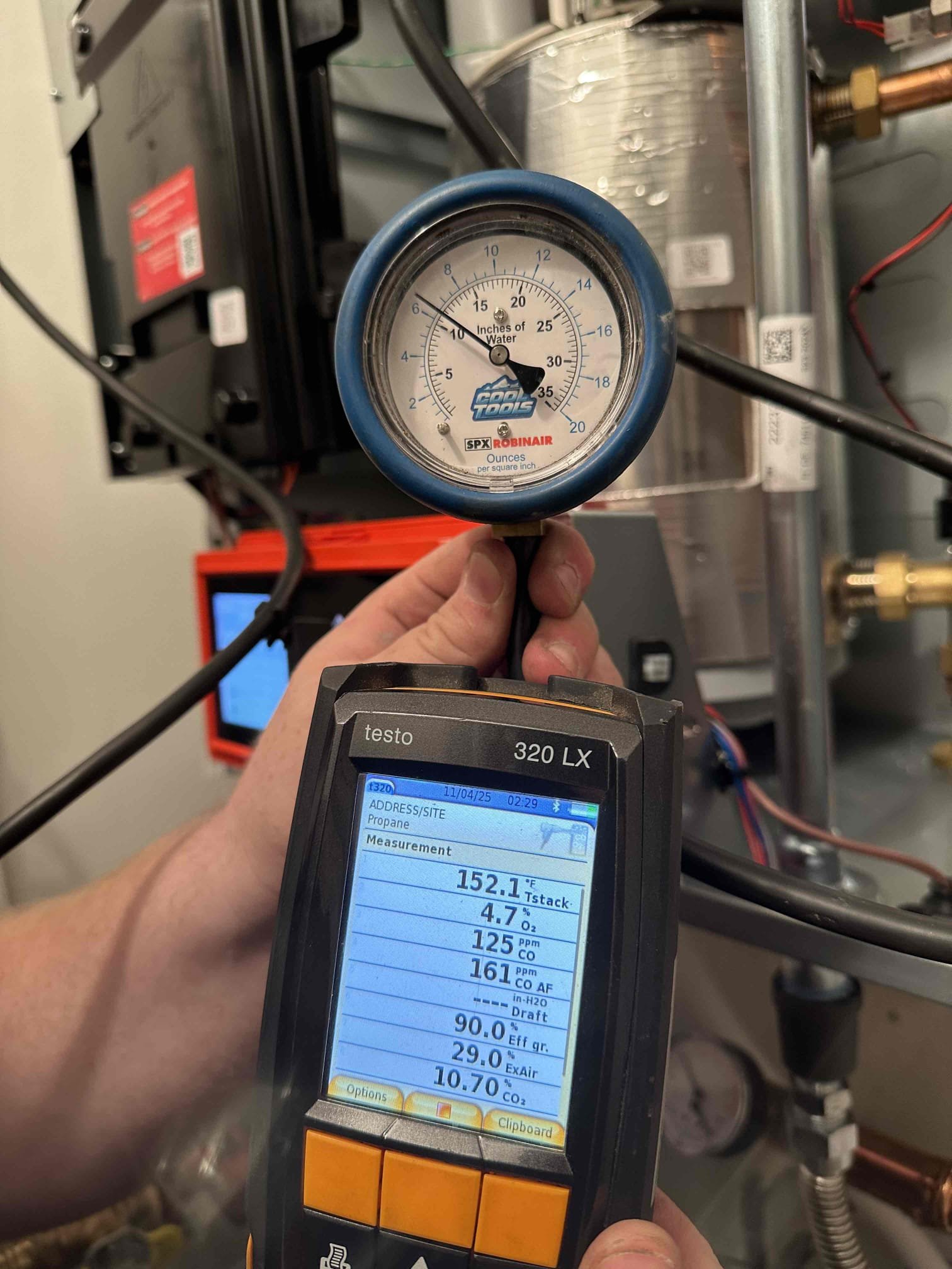 We installed a new Ideal boiler, performed a gas leak check for 3 mins and observed no pressure drop. We also measured gas pressure during operation of the boiler and during standby. Both pressures are wi5in specifications. Efficiency was observed at 98% at low fire.

We purged all heating loops of air and verified zones were circulating. 

We performed a combustion test at high and low fire, both levels fell within manufacturer parameter. We tested the condensation pump and it performed as designed, the system is running well at this time.

We had to remove the water heater during the boiler installation. The water heater was installed with pex piping from the main lines to the water heater.
When we re-installed the water heater we piped both the hot and cold lines with copper. We filled the water heater, purged air from the fixtures and verified it was heating. The water at the fixtures is hot at this time.

We cleaned up the work area when we were finished and went over the installa