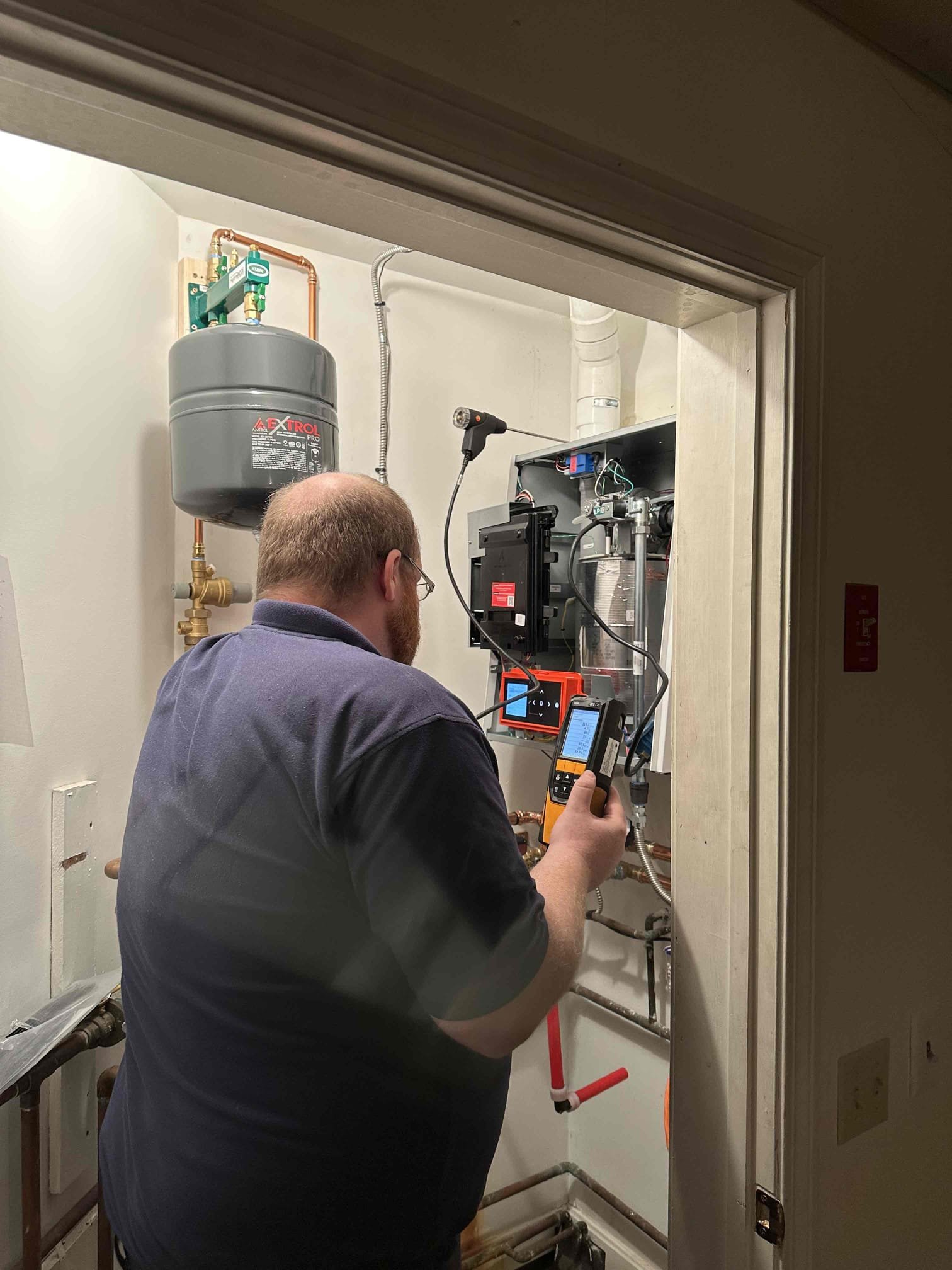 We installed a new Ideal boiler, performed a gas leak check for 3 mins and observed no pressure drop. We also measured gas pressure during operation of the boiler and during standby. Both pressures are wi5in specifications. Efficiency was observed at 98% at low fire.

We purged all heating loops of air and verified zones were circulating. 

We performed a combustion test at high and low fire, both levels fell within manufacturer parameter. We tested the condensation pump and it performed as designed, the system is running well at this time.

We had to remove the water heater during the boiler installation. The water heater was installed with pex piping from the main lines to the water heater.
When we re-installed the water heater we piped both the hot and cold lines with copper. We filled the water heater, purged air from the fixtures and verified it was heating. The water at the fixtures is hot at this time.

We cleaned up the work area when we were finished and went over the installa