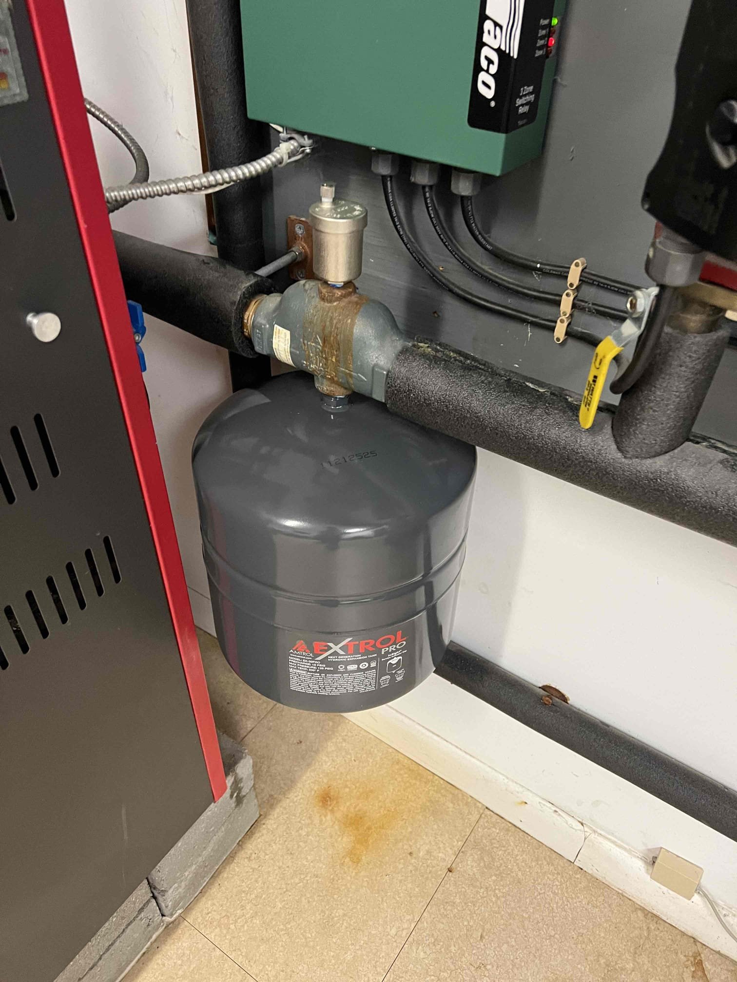 Arrived onsite to perform an annual tune-up on a propane boiler. The gas line is installed in a way that prevents the boiler from being disassembled for a thorough cleaning. I provided an estimate to rework the gas line. 

Performed annual tune-up on a Crown propane boiler.
Checked the burners, igniter, flame sensor, and pilot assembly. Cleaned the heat exchanger. Inspected safety controls, venting, and overall hydronic system function. Bubble-tested the pilot line and checked carbon monoxide levels—no leaks detected.

During testing, the relief valve leaked, so I replaced it. The expansion tank was also leaking and had rust holes, so I replaced that as well. Verified operation—system is working properly at this time.