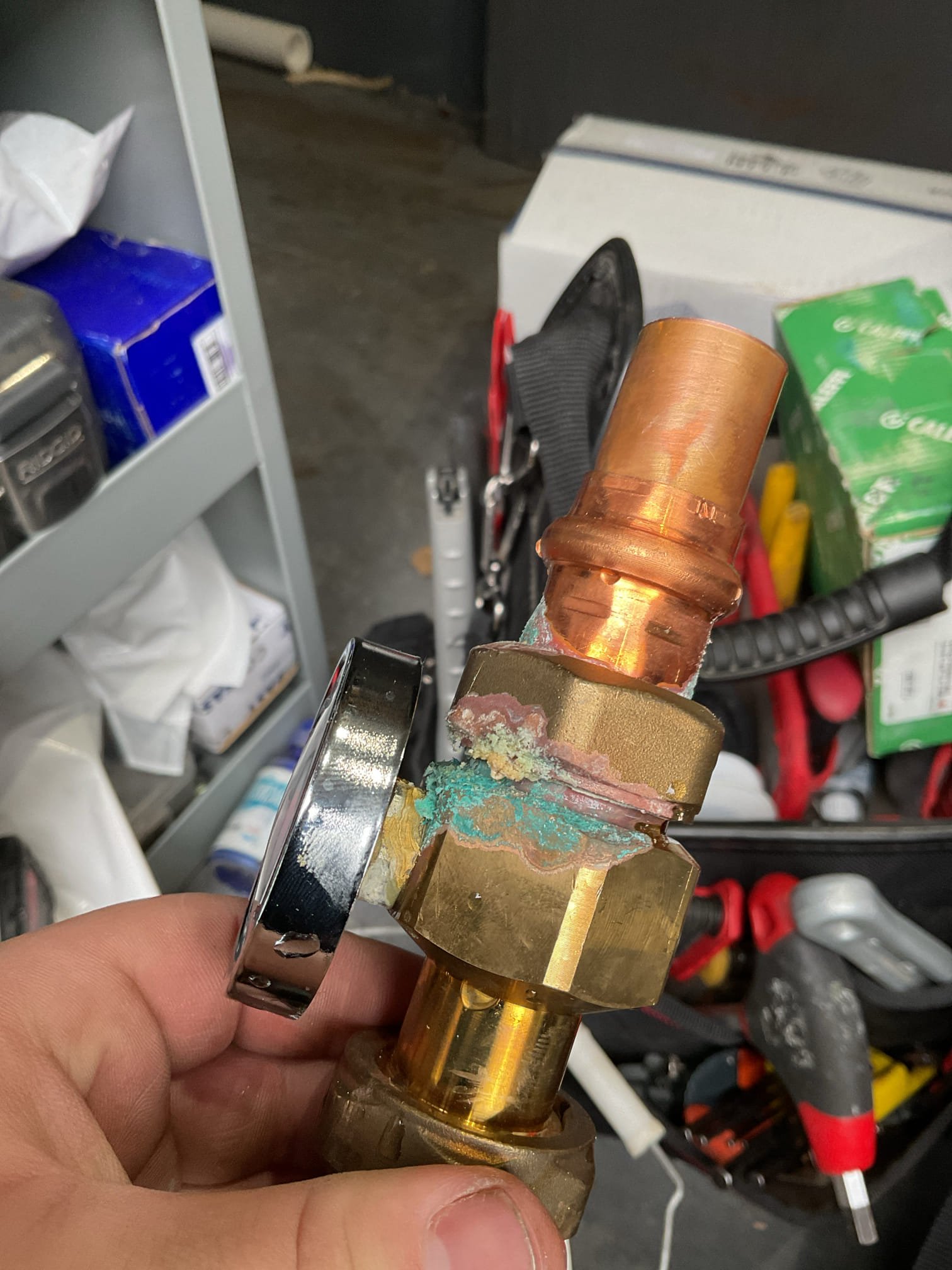Cut out Caleffi mixing valve and installed a like form like matching valve. Removed temperature gauge entirely due to corrosion happening and attempting to avoid it from happening again 