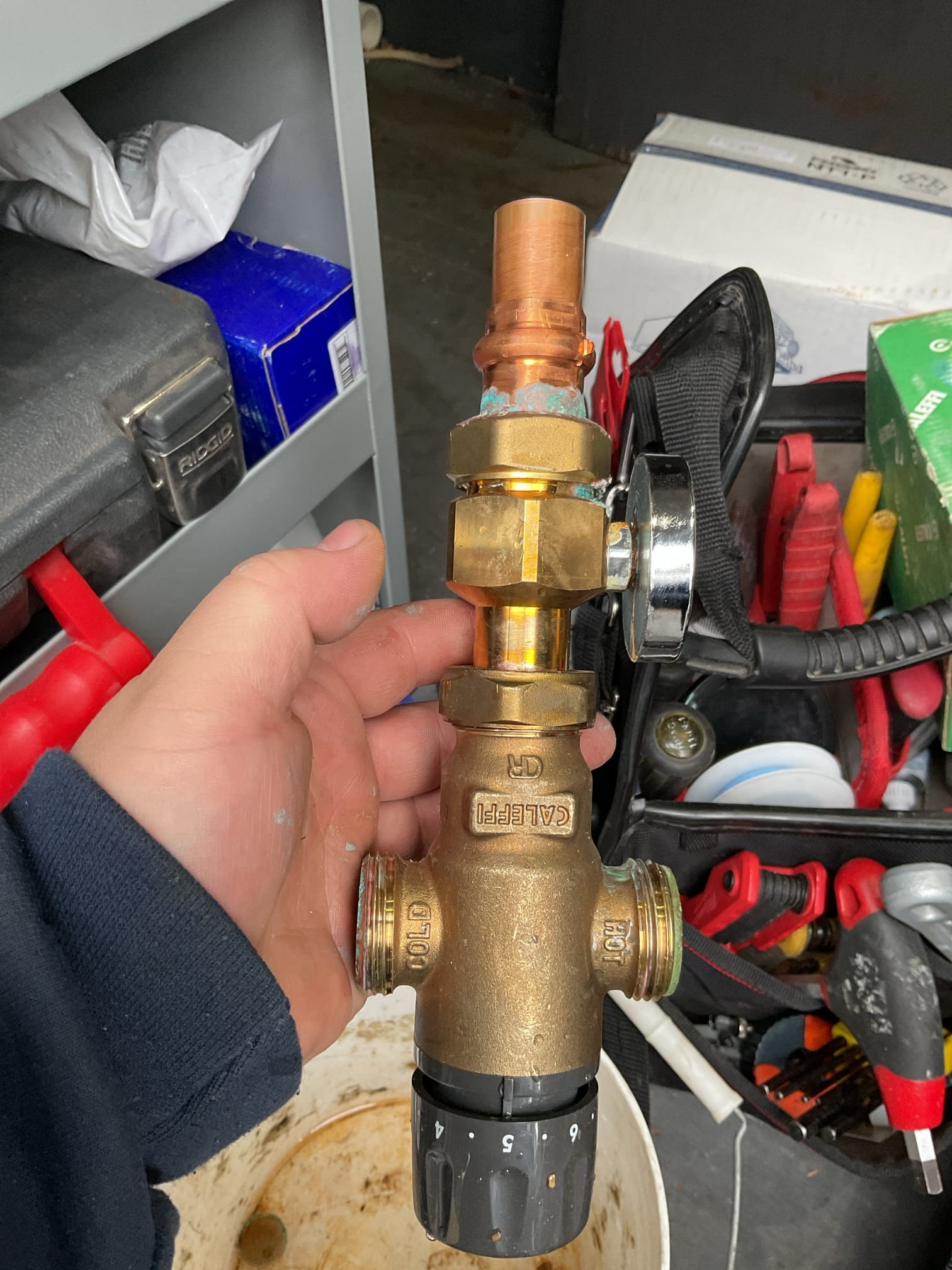 Cut out Caleffi mixing valve and installed a like form like matching valve. Removed temperature gauge entirely due to corrosion happening and attempting to avoid it from happening again 