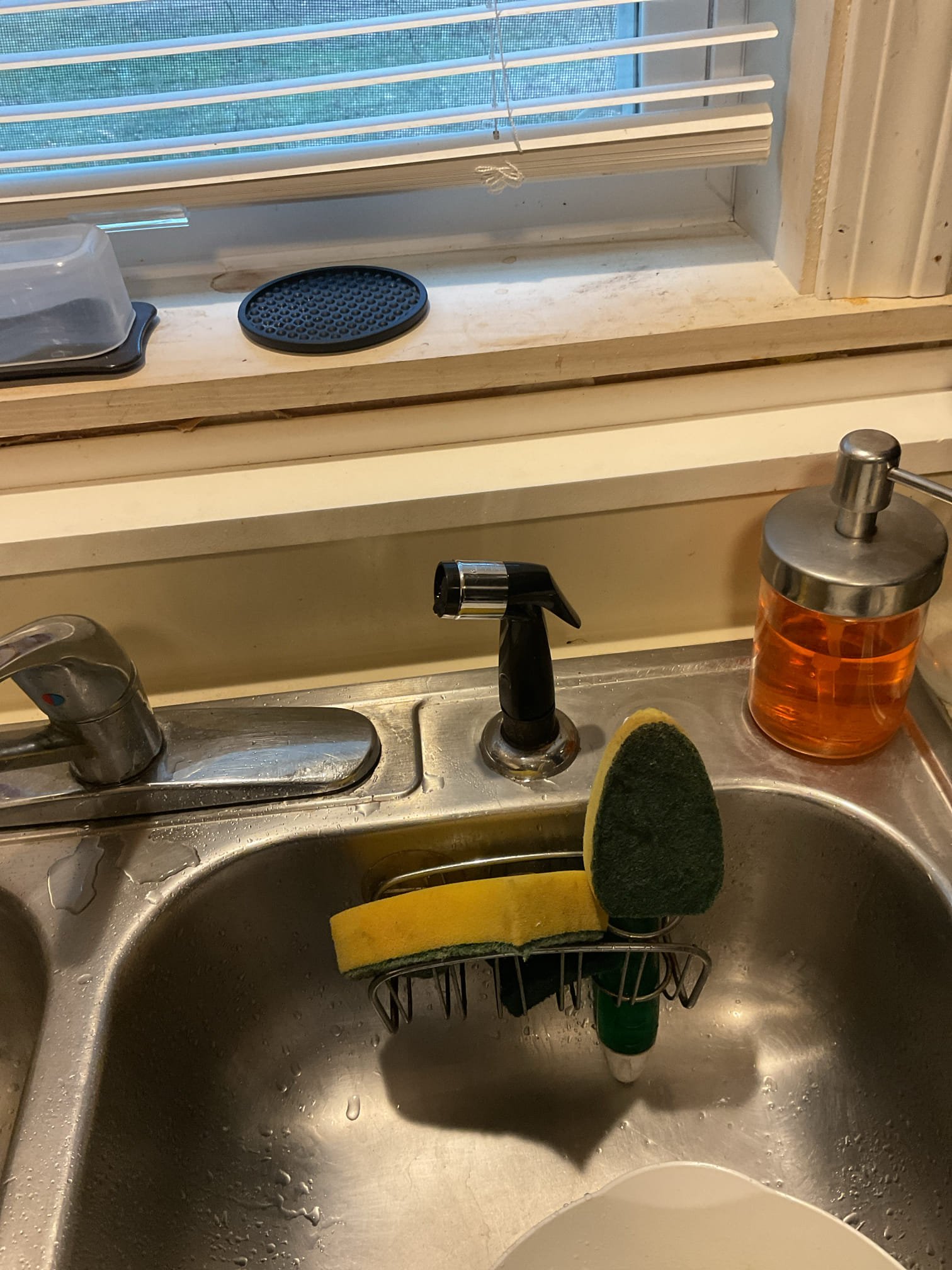 Homeowners replaced side sprayer yesterday and fixed the leak. Kitchen faucet was leaking when pushing back and applying slight pressure on the handle but they decided they don’t want to replace or fix the current one for the might replace the sink in the future