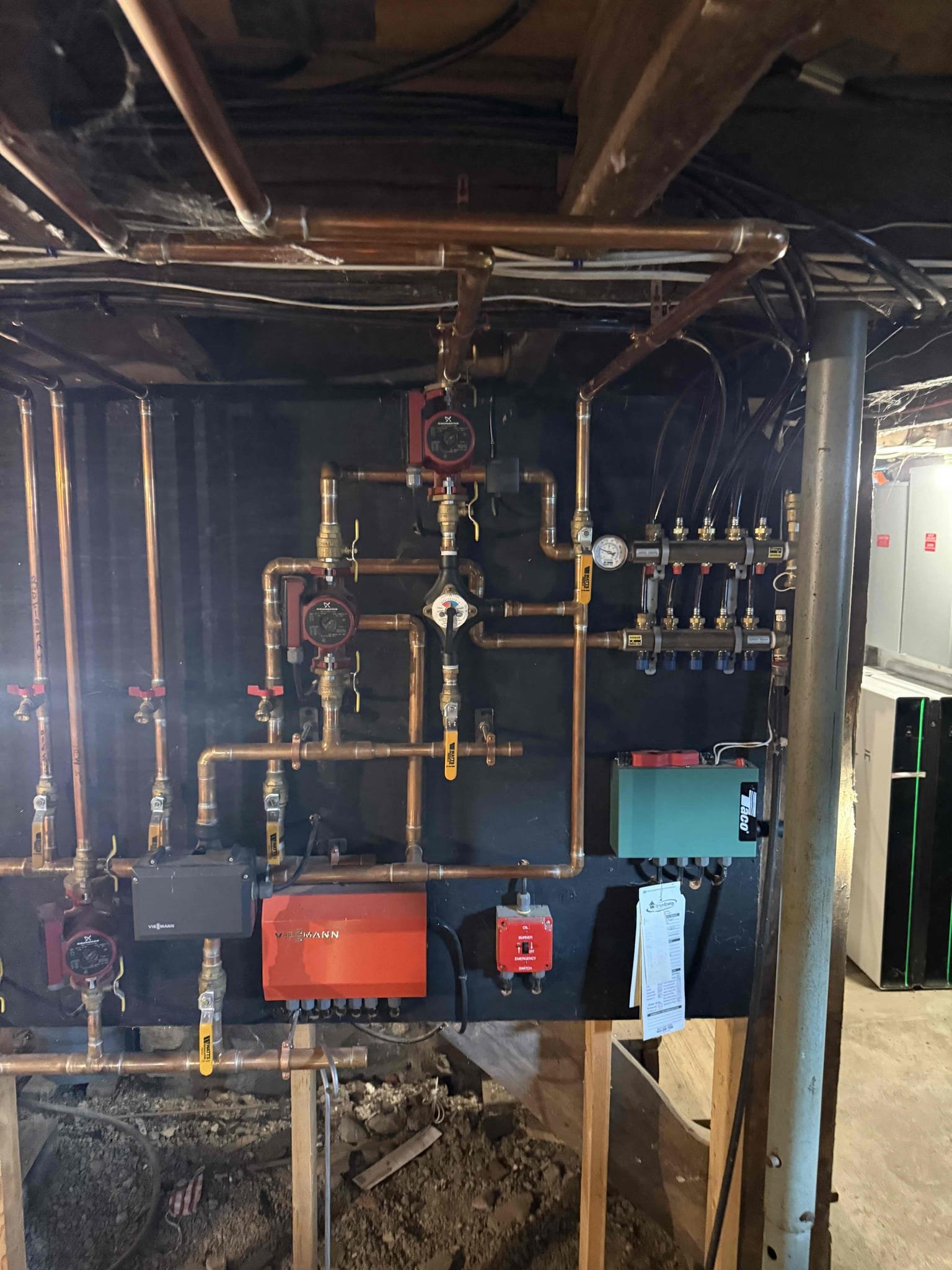 Upon inspection, the customer reported that while insulating the piping, a staple had punctured the 3/8” PEX supply line. Although the customer had the zone shut off, the line continued to drip. With the customer’s approval, I replaced the damaged section with a new piece of PEX and installed two couplings. I also added two hangers to properly support the piping.

I then purged the zone; the radiant system contained a significant amount of air, but I was able to remove as much as possible. The system’s air vent should clear the remaining air.

At this time, the system is operating as expected.