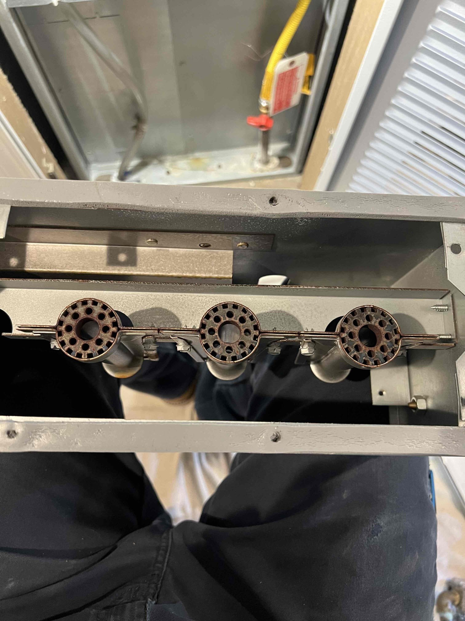 Performed annual tune-up on a Miller propane furnace. Cleaned the burners, heat exchanger, igniter, flame sensor. Checked all safety controls, venting, fans, and overall furnace operation. Bubble-tested the gas line and checked carbon monoxide levels — no leaks detected. Verified operation; system is running properly at this time.