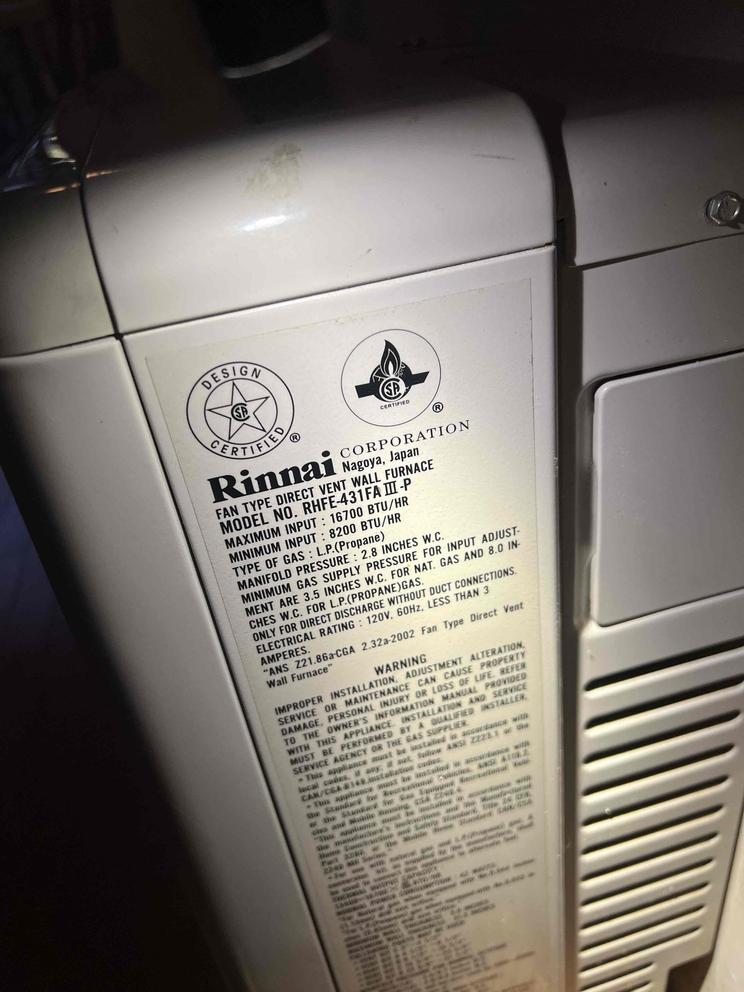 Reconnected the Rinnai direct-vent heater with a new flex line and disconnected the gas line to the generator. Performed a leak check at 8.5 in/wc for 3 minutes with no leaks found. Checked carbon monoxide levels and confirmed there were no issues. Verified the operation of all gas appliances; everything is functioning properly at this time.
